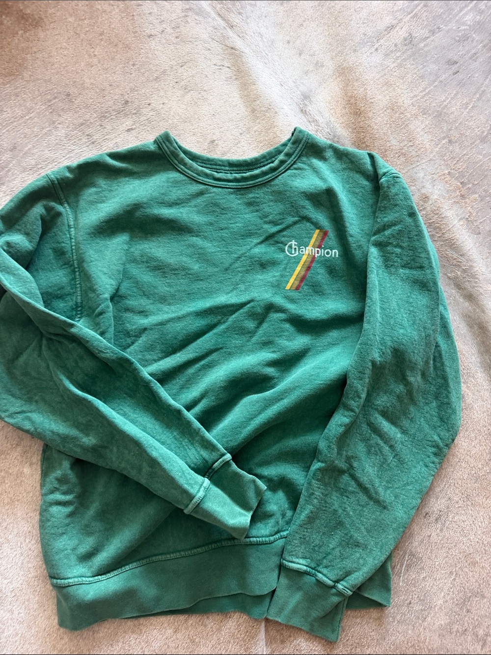 Champion Green Sweatshirt with Small Rainbow Stripe Logo
